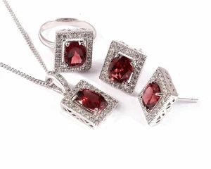 Natural Garnet Ring Earrings Pendant Matching Jewelry Set 925 Sterling Silver - Picture 1 of 4