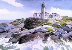 Beavertail Lighthouse, Rhode Island. James Mann Watercolor Art Notecards - Bild 1 von 2