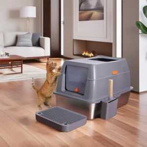 Stainless Steel Enclosed Cat Litter Pan litter Box Tray Toilet Anti-Splashing XL - Picture 1 of 12
