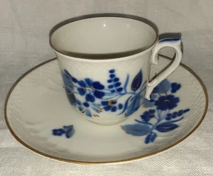 Karlskrona Sweden Blue Floral Demitasse Espresso Cup and Saucer Gold Trim - Picture 1 of 4