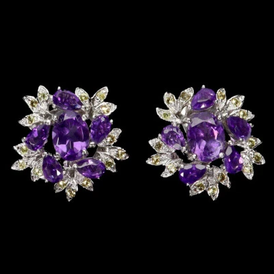 Orecchini In Argento Sterling 925 Ovali In Ametista 8x6mm Gemma In Zaffiro - Immagine 1 di 4