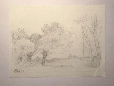 Corot винтажный пейзаж рисунок старый мастер академический французский лес - Изображение 1 из 3