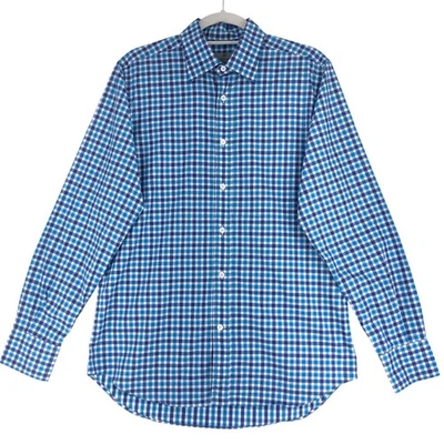 Camisa de vestir Canali para hombre M azul verde azulado cuadros guinga manga larga botón 100 % algodón Foto 1 de 4