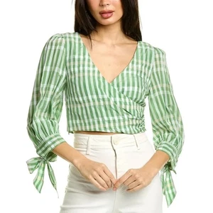 Cinq a Sept Flora Wrap Blouse Green Gingham Tie Sleeve Cropped Top size S - Picture 1 of 2