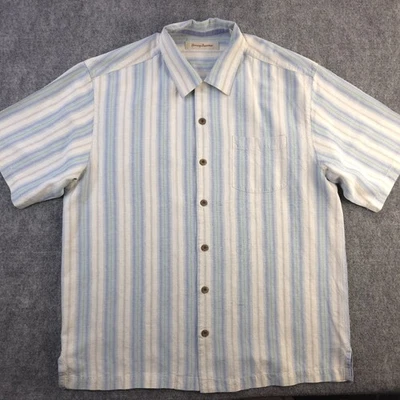 Camisa Tommy Bahama Grande Azul Verde Rayas Verticales 100% Seda Manga Corta Foto 1 de 4