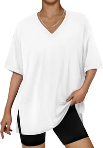 Oversized Tshirts for Women Workout plus Size Tops V Neck Short Sleeve Gym Shirt - Picture 1 of 11