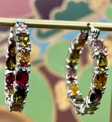 Pendientes de aro de turmalina multicolor de plata de ley de 1" de 9,15 quilates con interior exterior Foto 1 de 4