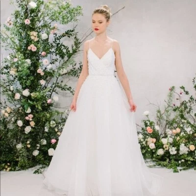 JENNY YOO Ivory White Pearl Embellished V-Neck A-Line Wedding Gown w/ Train 8 US - Image 1 of 4