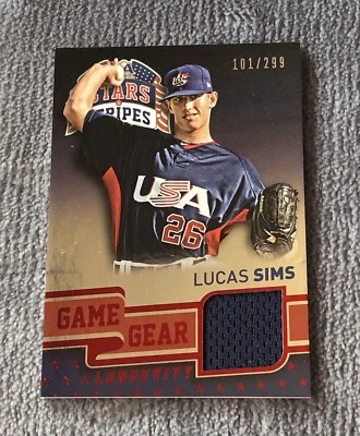 2015 Panini Stars and Stripes Game Gear Longevity Ruby /299 Lucas Sims #64 - Image 1 of 3