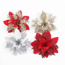 10x Christmas Glitter Floral Artificial Flower Head for Xmas Tree Ornament Decor