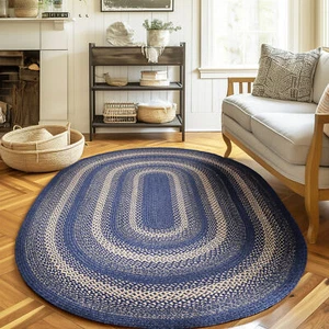 Blue Braided Farmhouse Jute Rug in Rectangles Oval Runner for Kitchen - Picture 1 of 26