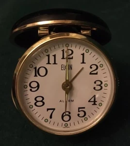 Elgin Black Enamel & Brass Clamshell Travel Alarm W/Alarm Issue Works Needs Fix - Picture 1 of 6