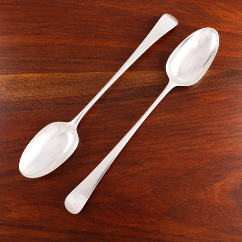 2 SUMNER & CROSSLEY GEORGIAN STERLING SILVER PLATTER SPOONS 1776-81 HERALDIC OWL Cover