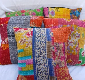 Indian Kantha Throw Pillow Covers Sofa Decor Cushion decorative Cases Set of 5 - Picture 1 of 9