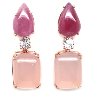 925 Argento Sterling 14 x 19 MM Rosa Calcedonio, Rubino E Topazio Orecchini - Foto 1 di 4