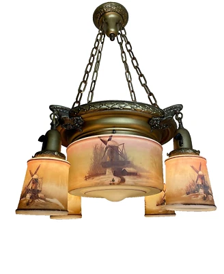 Lámpara de araña antigua de 5 luces de latón de los años 1910-20, tonos pintados Foto 1 de 4