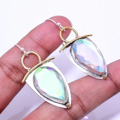 Brinco Aura Rainbow Mystic Fire topázio prata esterlina 925 dois tons 2,03" E105 - Imagem 1 de 4