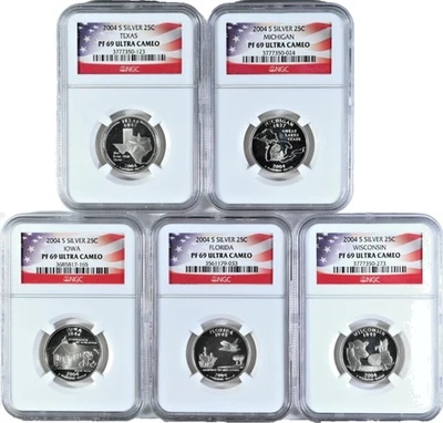 Five 2004 Silver 25C PF 69 Ultra Cameo NGC Graded State Proof Quarters - Image 1 of 2