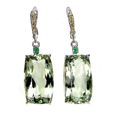 925 Sterling Silver Earrings Green Amethyst 45 Ct 22x12mm Handmade Gemstone Rare - Image 1 of 4