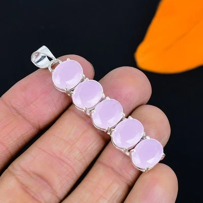 Pendente In Argento Sterling 925 Fatto A Mano In Gemma Di Calcedonio Rosa 2.37" - Immagine 1 di 4