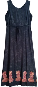 Kleid, lang, Reißverschluss, Krawatten, Buddha Bordüre Batik, schwarz, XLG, Viskose, 51", 40" Brustumfang - Bild 1 von 1