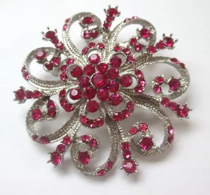 Flower Pin Brooch Silver Tone Dark Pink Rhinestones  Bar Pin  2 1/2" Round - Picture 1 of 3