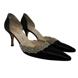 Manolo Blahnik Black Satin Lace Pointed Toe Heels EU 40/US 9 - Picture 1 of 8