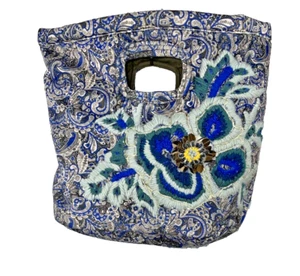 Anthropologie Embroidered Velvet Clutch Bag Purse Flower Blue Paisley - Picture 1 of 14