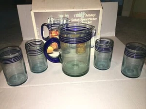 Glasses Blue Spiral Hand Blown and Pitcher ~ Mexico - Picture 1 of 9