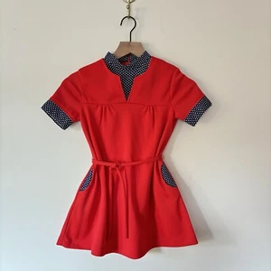 Vintage 60s JC Penney A Line Mod Dress Girls 8 Mock Neck Polkadot Retro Twiggy - Picture 1 of 23