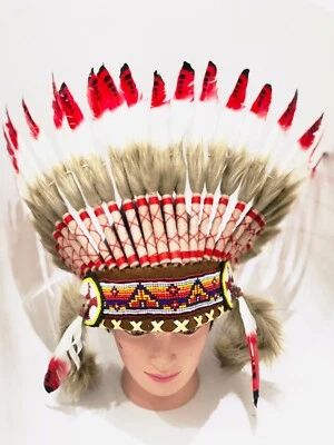 Indian Headdress Native American Feather Head Dress Red White - Image 1 of 4