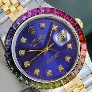 Rolex Mens Datejust 16233 Gold Steel Blue Diamond Dial Rainbow Bezel 36mm Watch - Picture 1 of 16
