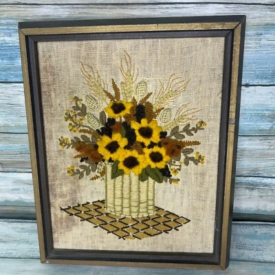 Crewel Sunflower Embroidered Completed Framed The Creative Circle Vintage - Image 1 of 4