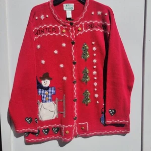 The Quacker Factory Size 1x Cardigan Sweater Metal Button Embroidered Snowman - Picture 1 of 14