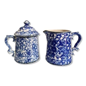 Blau Keramik Zucker und Milchkännchen Set Schwammgeschirr - Bild 1 von 11