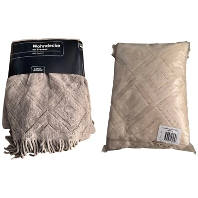 Wohndecke mit Fransen Decke Couchdecke 125x150 cm Grau Gelb-Beige - Bild 1 von 4