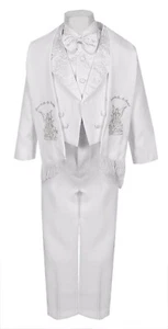 Boys Baptism Tuxedo suit white 6pc with Estola Silver Angel Embroidery Paisley  - Picture 1 of 3