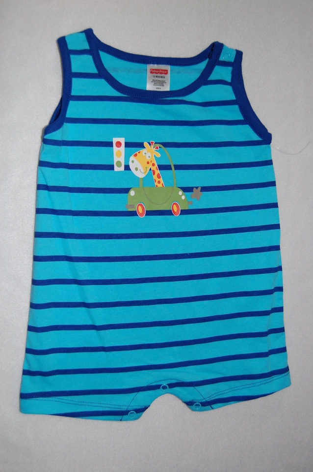 Camiseta sin mangas para niños pequeños Body PANTALONES CORTOS Azul Aqua Rayas COCHE JIRAFA 18 meses Foto 1 de 1