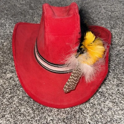 Sombrero de Vaquero Occidental Vintage Años 60 70 AJD Rojo Gamuza Plumas Para Mujer Pequeño Hecho en EE. UU. Foto 1 de 4