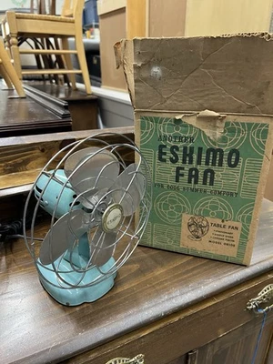 Vtg ESKIMO Bullet Back Desk Fan 9" One Speed Aqua Blue Original Box - Image 1 of 4