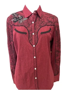 Neu mit Etikett Double D Ranch Rodeo Fransen Perlen Druckknopf rot schwarz bestickt M Westerntop - Bild 1 von 9