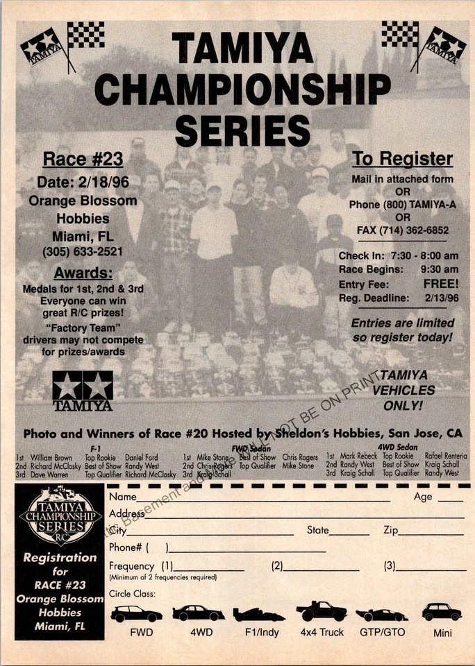 Tamiya RC Championship Series Race #23 anuncio impreso efímero arte de pared decoración 18/02/96 Foto 1 de 1