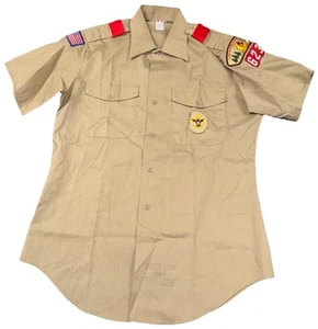 Vintage Boys Scout Of America Uniform Shirt Boys Medium Khaki Button Up Patches - Picture 1 of 8