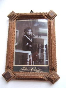 ANTIQUE TRENCH ART WOODEN PICTURE FRAME W/ CABINET PHOTO BOY & TOY - Picture 1 of 11