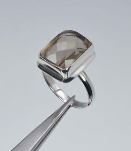 925 Solid Sterling Silver Faceted Smoky Quartz Ring -7 us N499