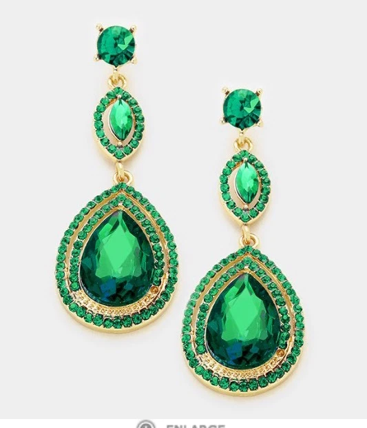 Green Earrings Gold Long Rhinestone Wedding Crystal Teardrop Dangle - Image 1 of 1
