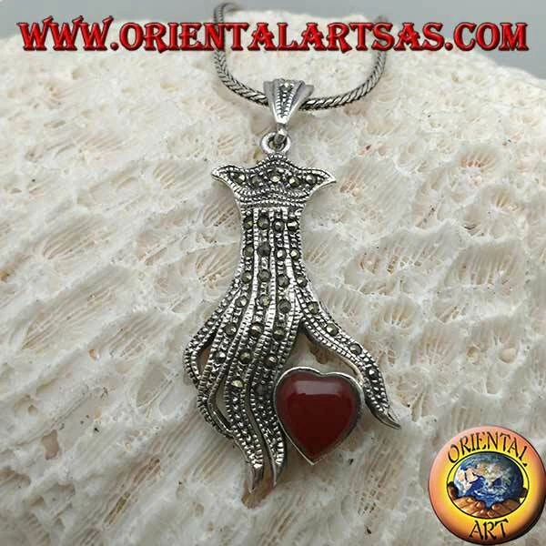 Ciondolo in Argento 925‰ mano tempestata di marcasite con cuore di corniola - Immagine 1 di 1