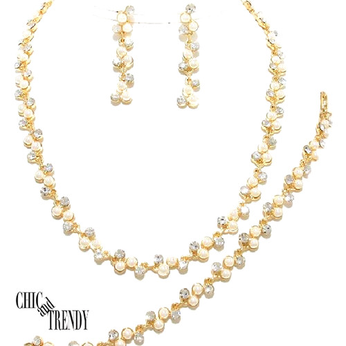 OFF WHITE SET GIOIELLI FORMALI MATRIMONIO PERLE E CRISTALLO BIANCO SPORCO CLASSICO 3 PZ*