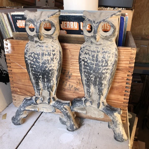 ANTIQUE 19th CENTURY CAST IRON OWL, FIREPLACE ANDIRONS STAMPED 144 U - 13"X8" Cover