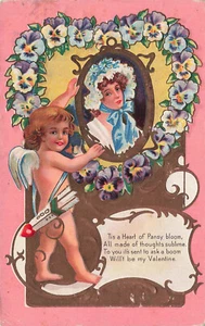 VINTAGE VALENTINE POSTCARD CUPID W/ HEART OF PANSIES HANGS WOMANS PORTRAIT 90822 - Picture 1 of 2